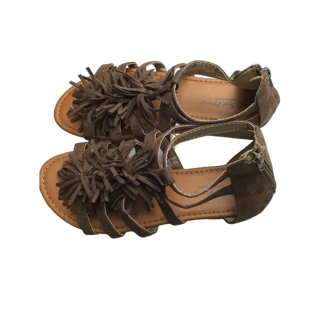 Self Esteem Sandals Taupe Faux Suede Strappy With Fringes Girls Size 4